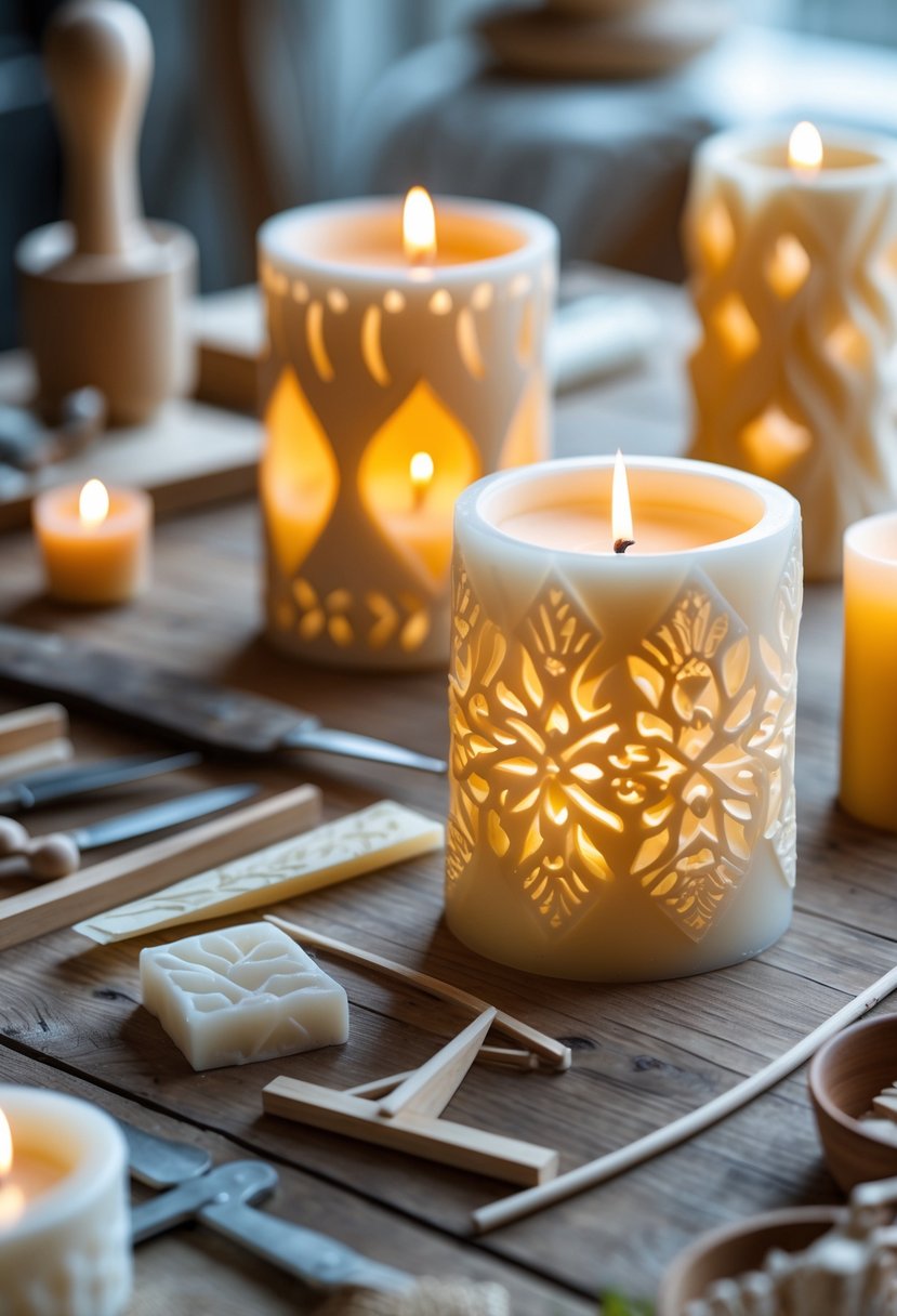 A workspace with carved pillar candles and simple crafting tools arranged on a wooden table.