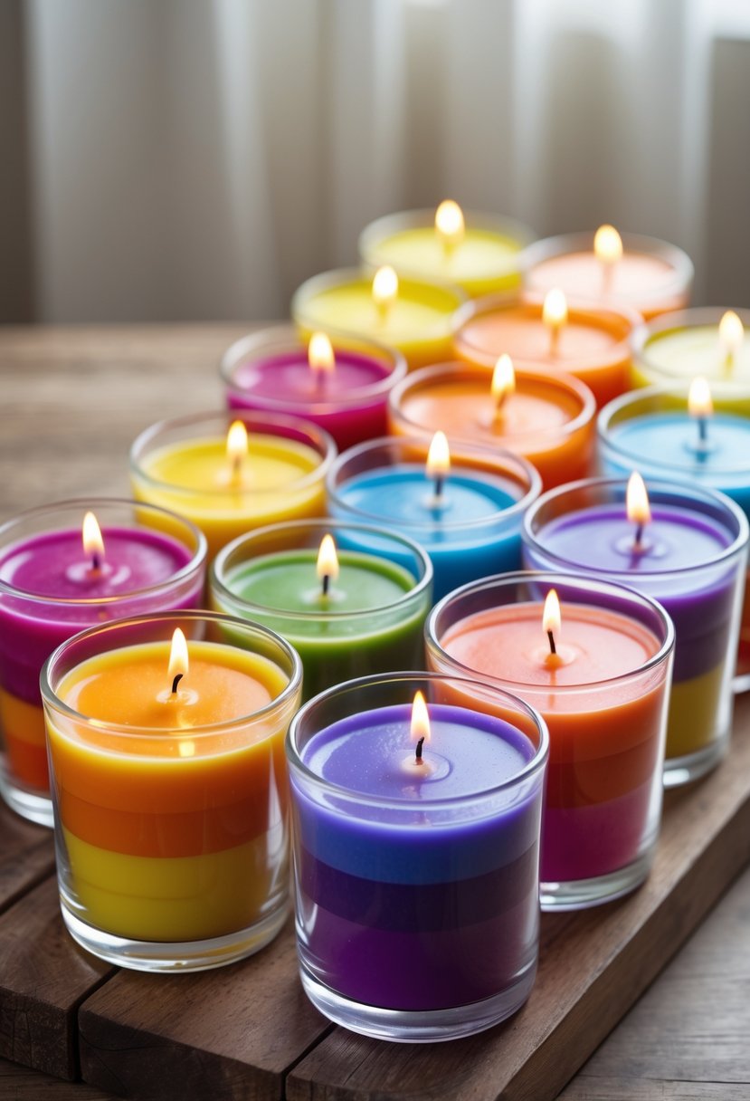 Sixteen colorful layered candles in clear glass containers arranged on a wooden surface.