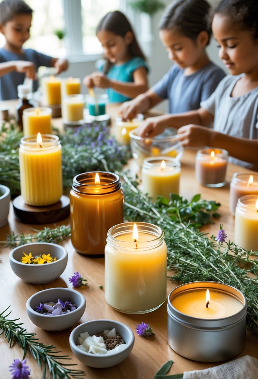 A group of children and adults making natural scented candles with essential oils at a wooden table filled with candles, herbs, and candle-making supplies.