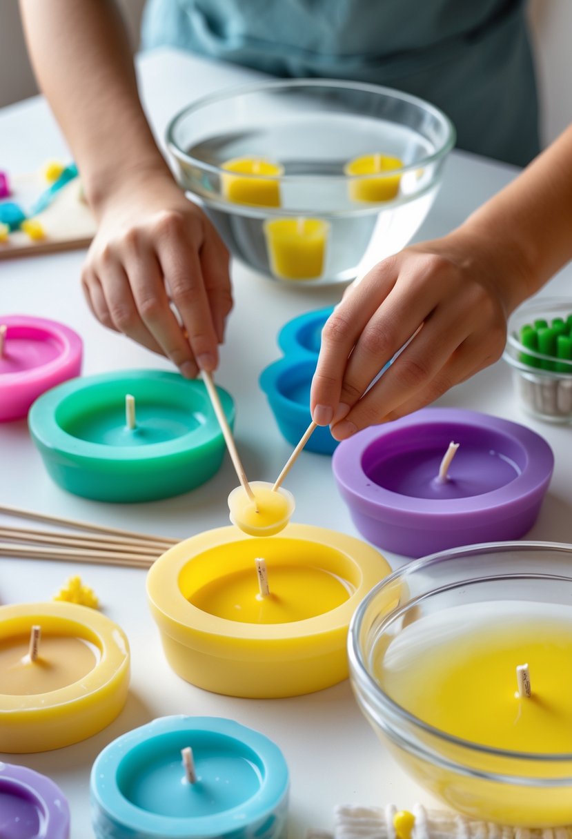 Hands making floating candles using silicone molds on a crafting table with candle supplies and finished floating candles in a bowl of water.