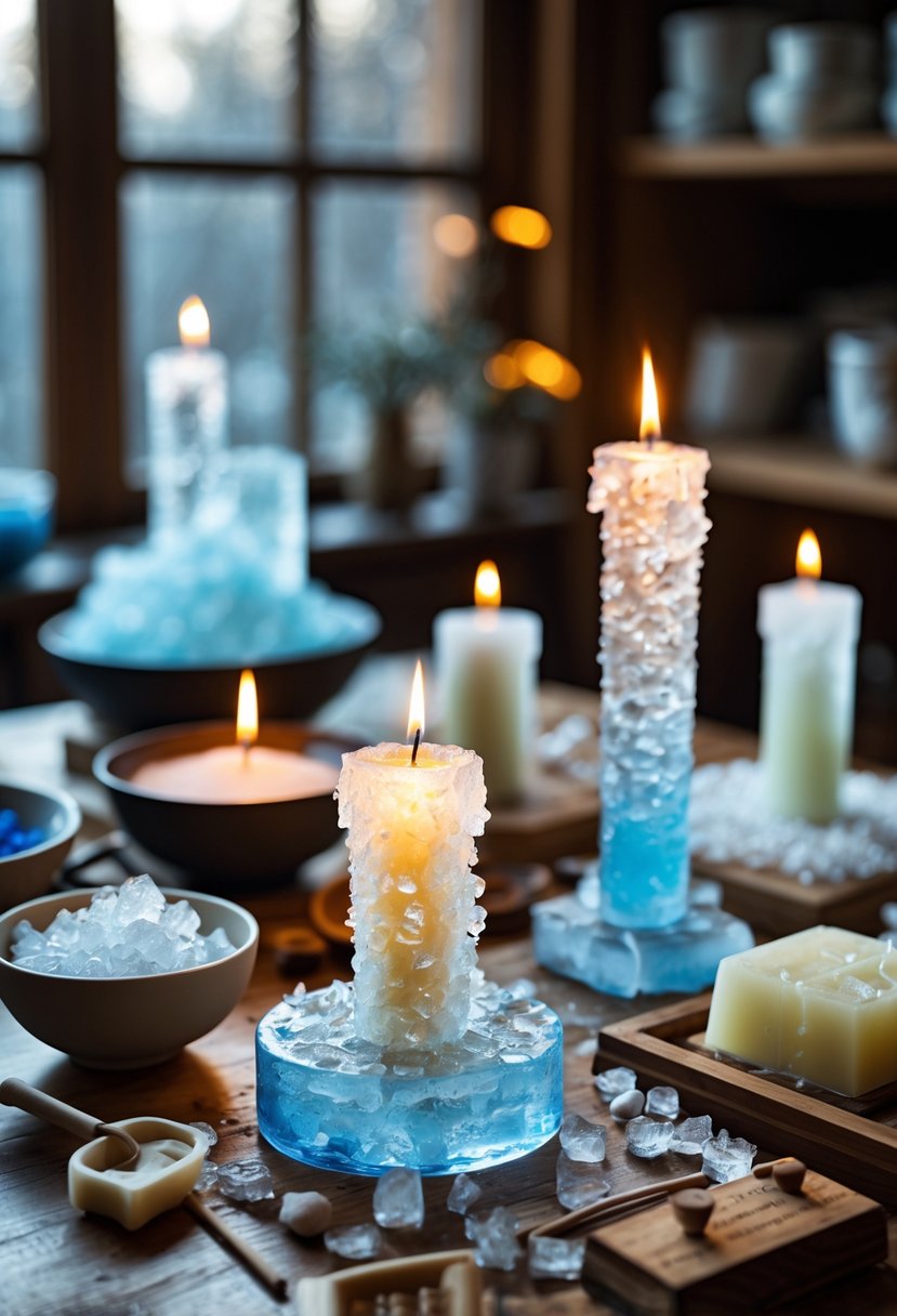 A table with homemade ice candles made from crushed ice and wax, surrounded by crafting materials and tools.