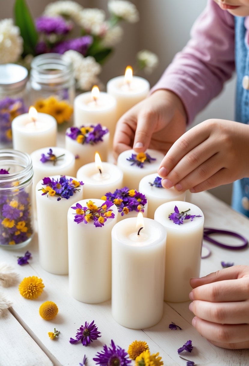 Hands of a child and an adult decorating plain white candles with colorful dried flowers on a wooden table surrounded by crafting materials.