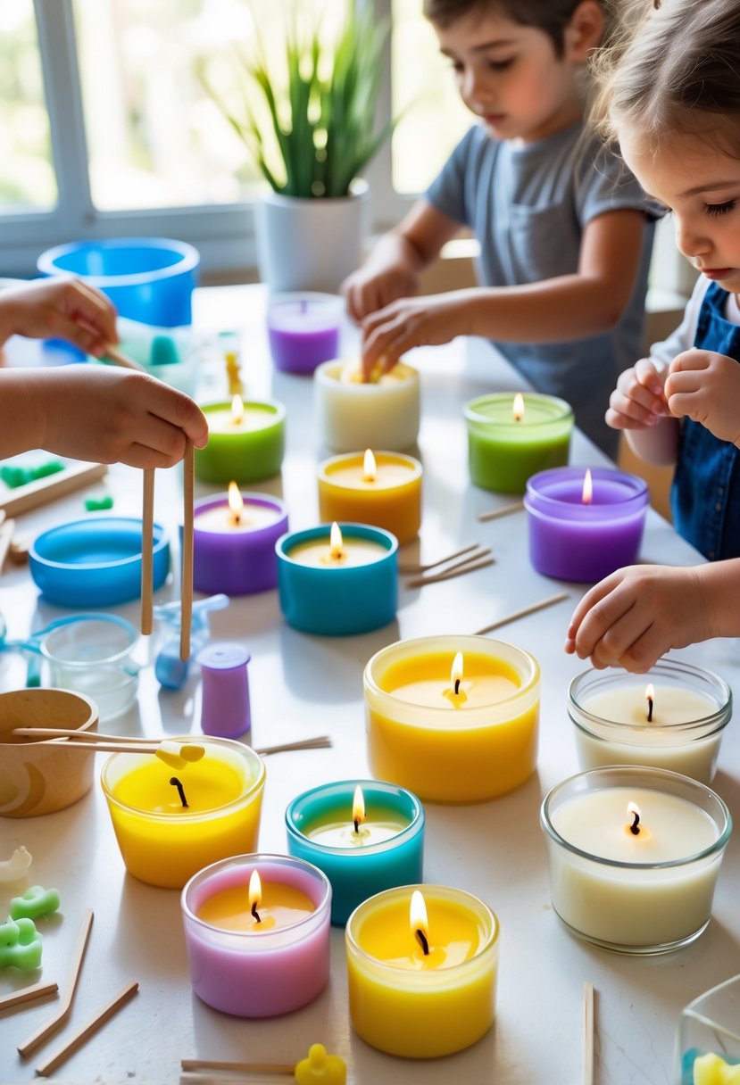 Children and adults making new candles from recycled wax at a bright, organized workspace.