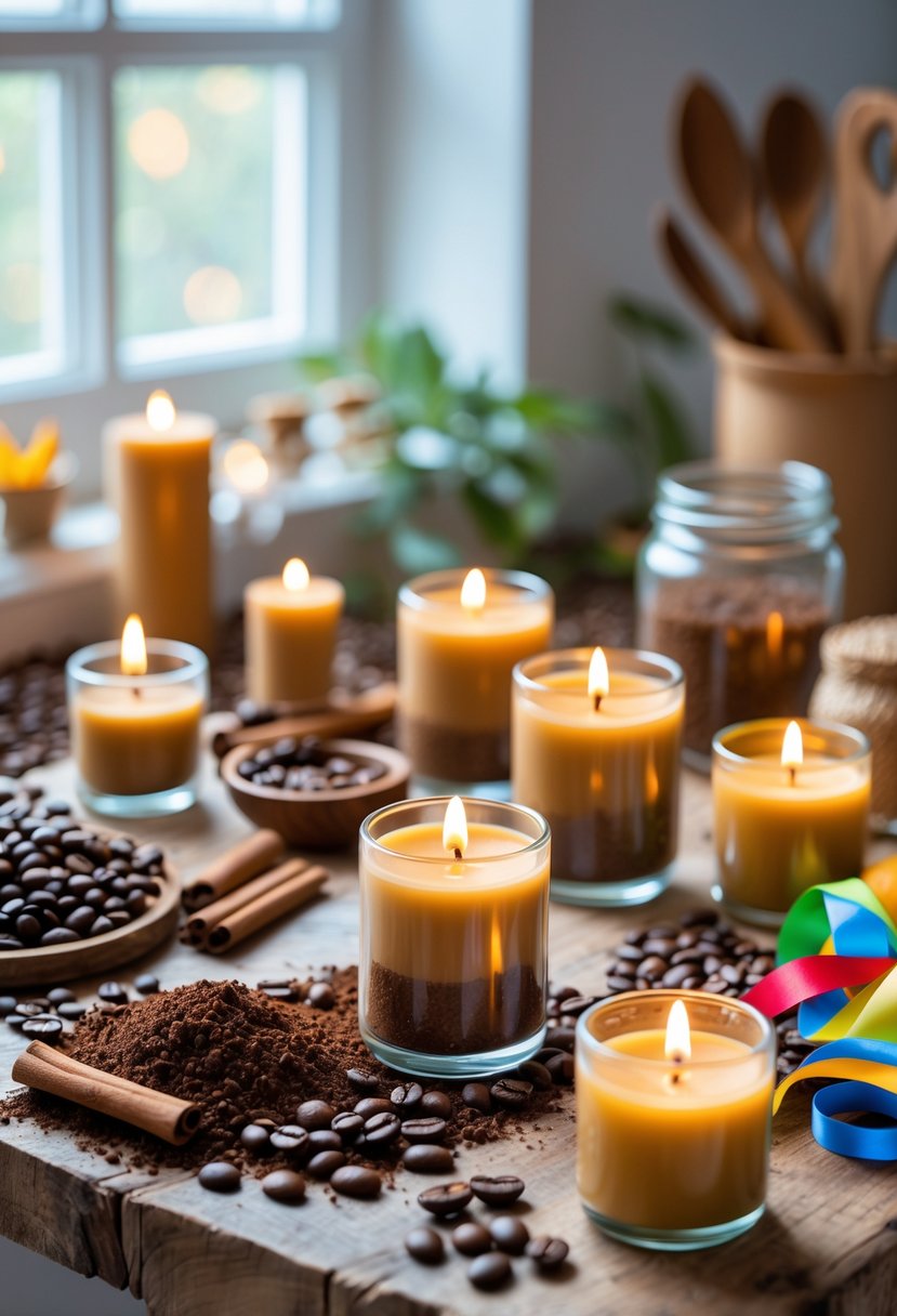 A collection of handmade scented candles made with coffee grounds displayed on a wooden table with coffee beans and crafting materials nearby.