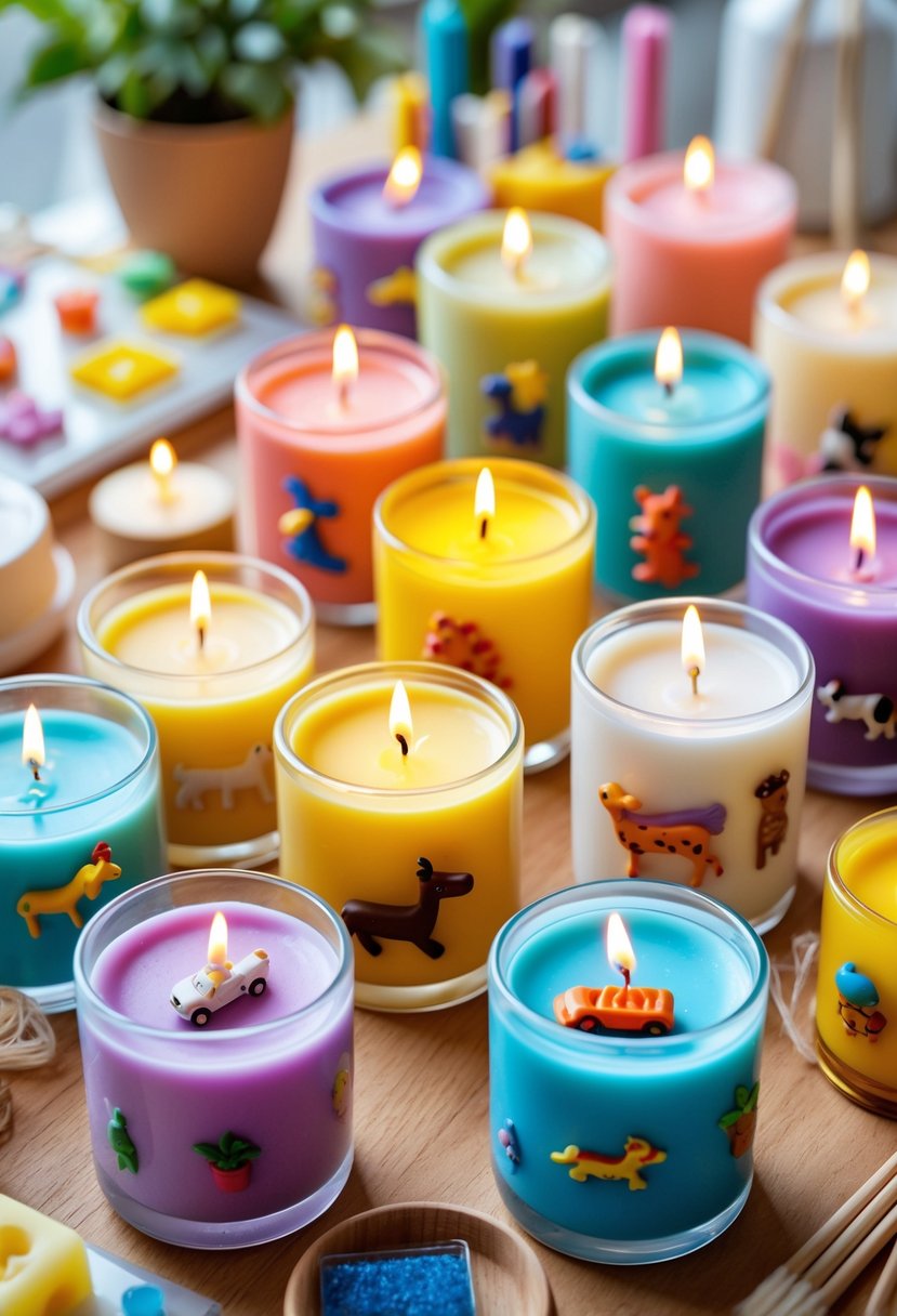 A table displaying sixteen colorful handmade candles with small toys embedded inside, surrounded by candle-making supplies.