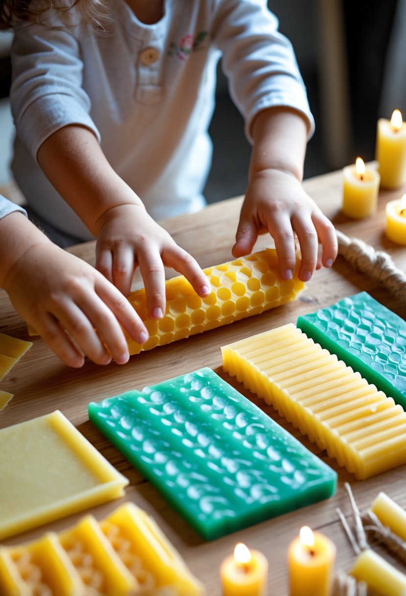 Hands of a child and an adult rolling natural beeswax sheets into candles on a wooden table with crafting materials.