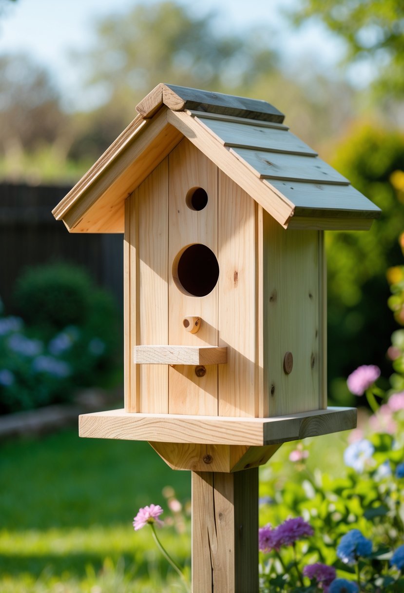 A wooden birdhouse with a pitched roof mounted on a post in a garden with green grass and flowers.