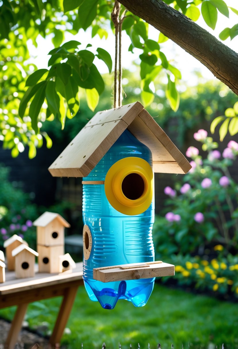 A colorful birdhouse made from a recycled plastic bottle hanging from a tree branch in a green backyard with other simple birdhouse crafts on a wooden table nearby.