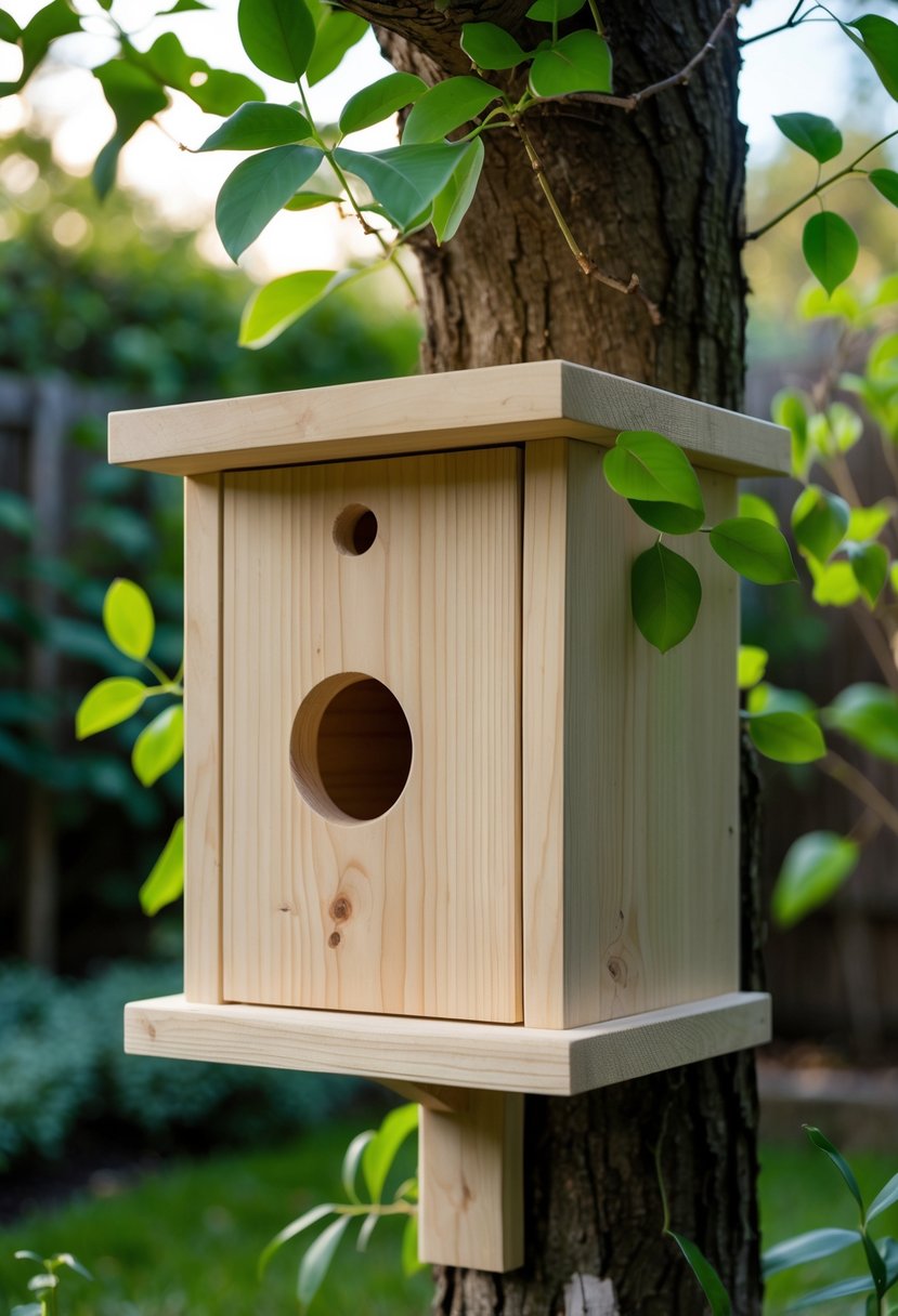 A simple pine wood nesting box mounted outdoors on a tree trunk surrounded by green leaves and plants in a backyard.