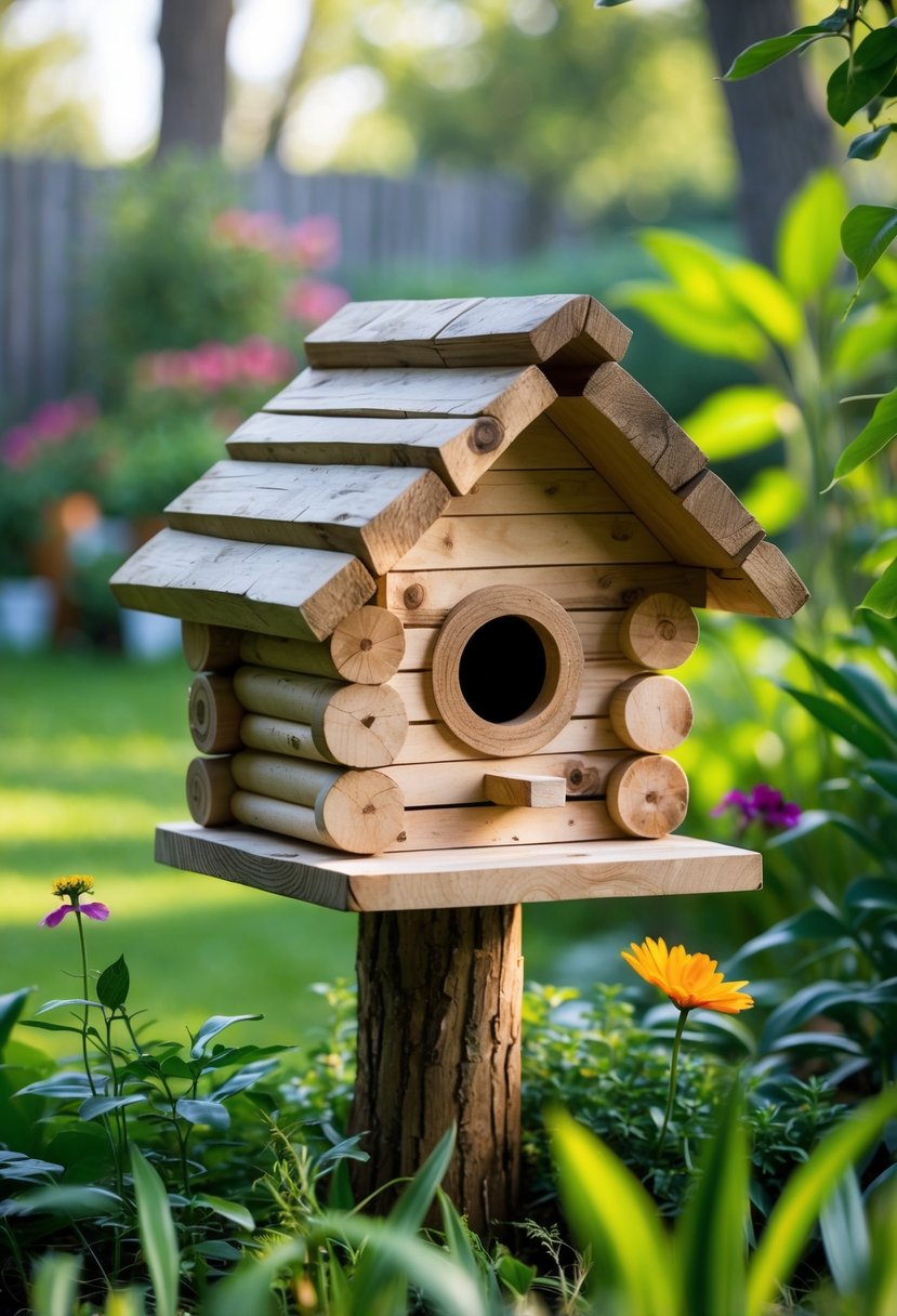 A wooden birdhouse shaped like a small log cabin sitting in a garden surrounded by grass and flowers.