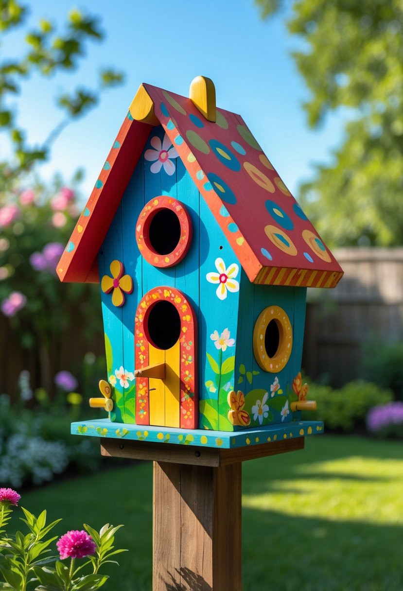 A colorful painted birdhouse standing on a wooden post in a green backyard with flowers and trees in the background.