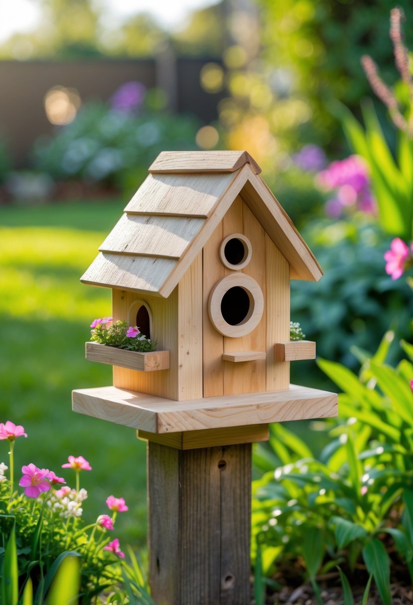 A miniature wooden cottage birdhouse on a post surrounded by green grass and colorful flowers in a backyard garden.