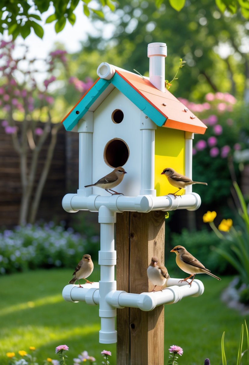 A colorful birdhouse made from white PVC pipes mounted on a wooden post in a backyard with green grass, flowers, trees, and small birds around it.