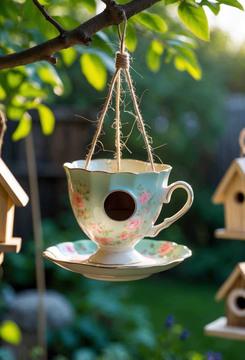 A hanging teacup birdhouse suspended from a tree branch in a green backyard with other simple birdhouses nearby.