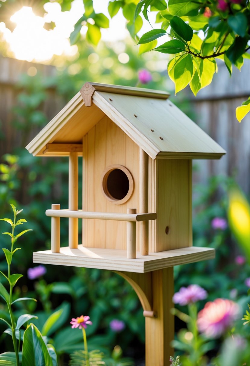 A wooden birdhouse with a small front porch surrounded by green plants and flowers in a backyard.