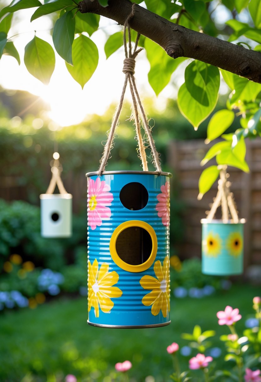 A colorful tin can birdhouse hanging from a tree branch in a green backyard garden with flowers and sunlight.
