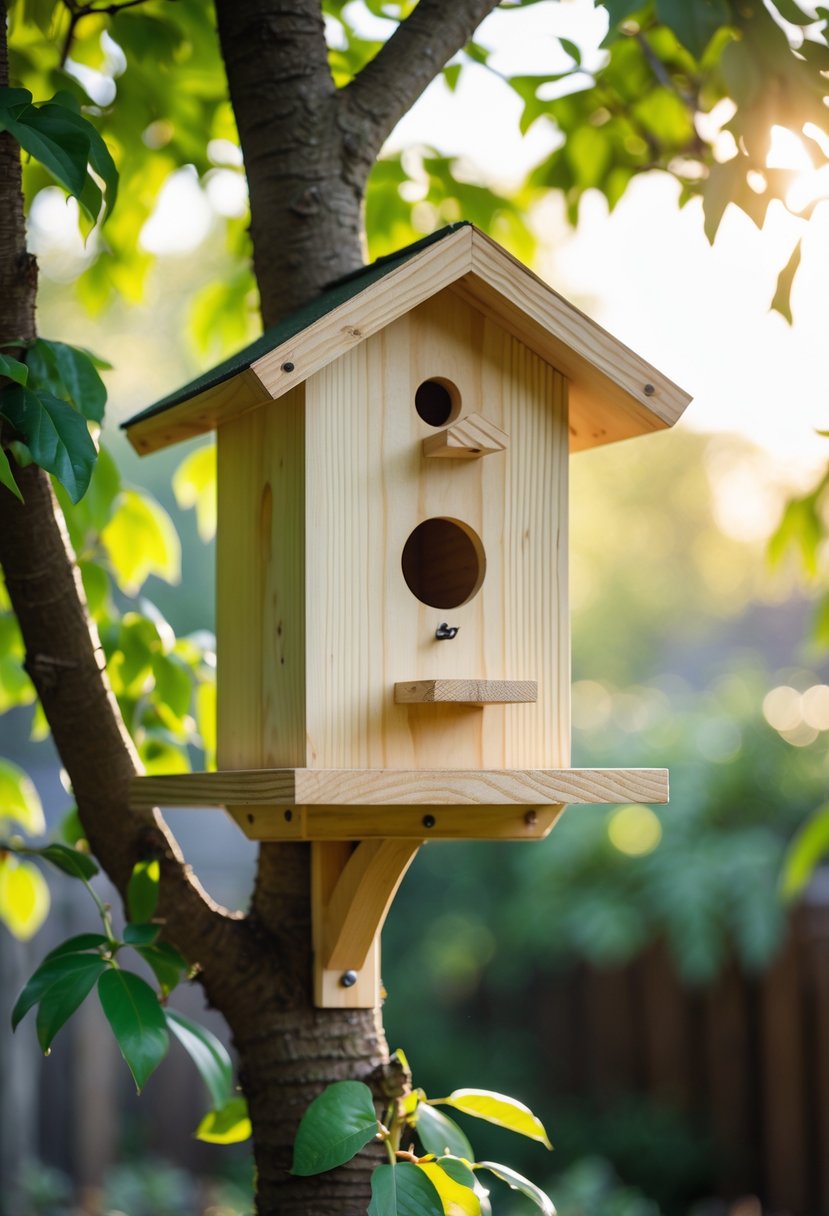 A wooden birdhouse with a perch and roof overhang mounted on a tree branch surrounded by green leaves.