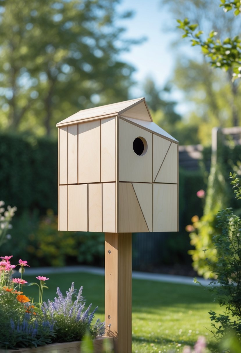 A modern geometric wooden birdhouse mounted on a post in a green backyard with flowers and trees.