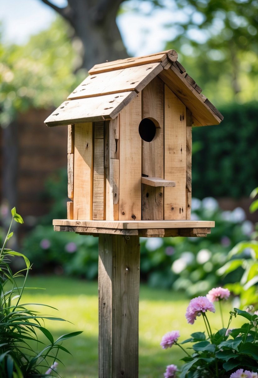 A handmade birdhouse made from pallet wood mounted on a post in a green backyard with flowers and shrubs.