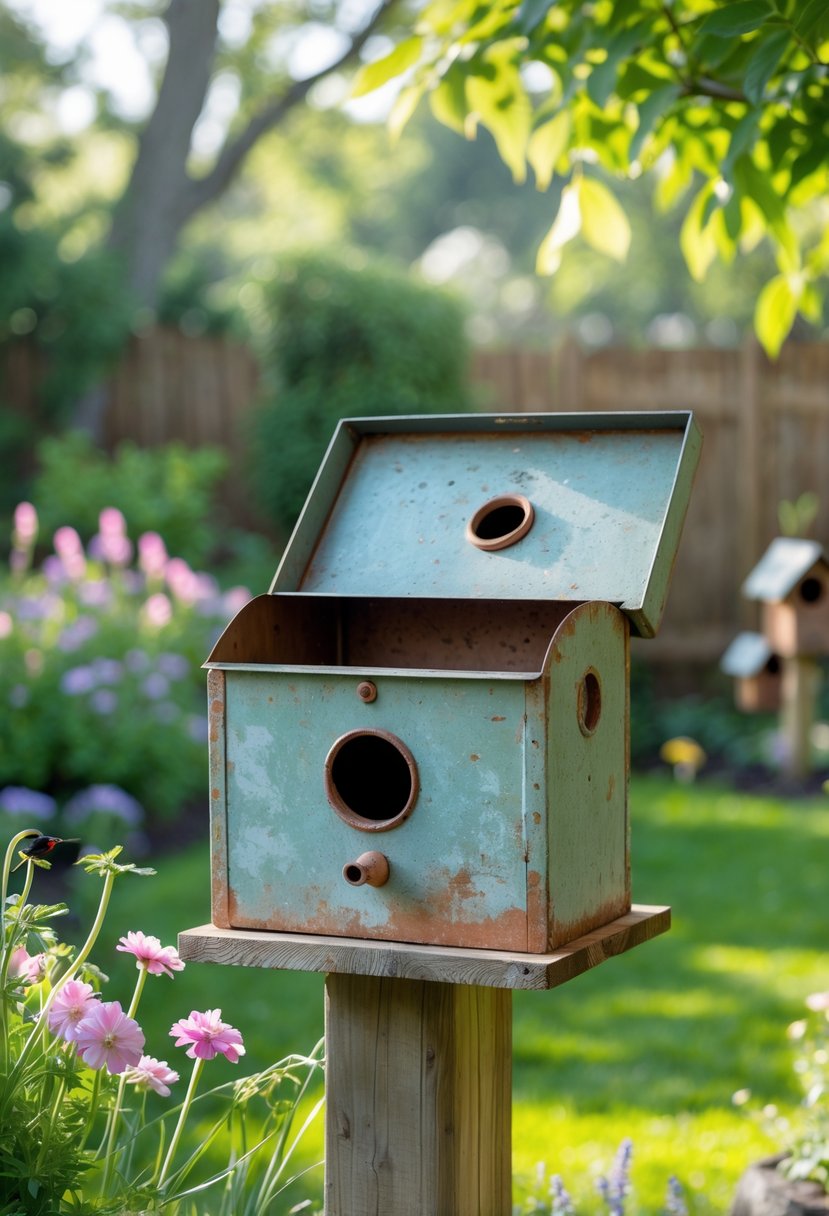 An old metal toolbox converted into a birdhouse mounted on a wooden post in a green backyard garden with flowers and trees, with birds nearby.