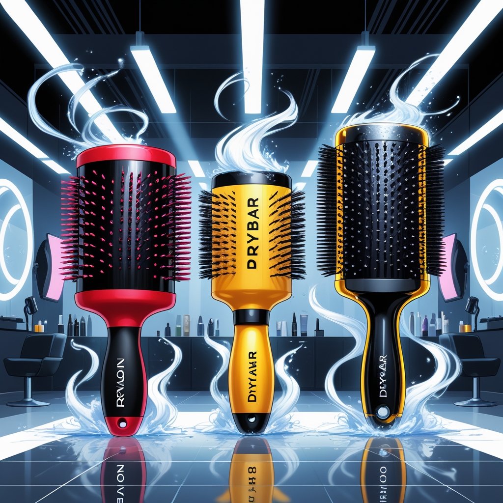 Three stylized hair brushes representing Revlon, Drybar, and a high-end brand posed in a modern beauty salon setting, surrounded by swirling hair strands and glowing light effects.