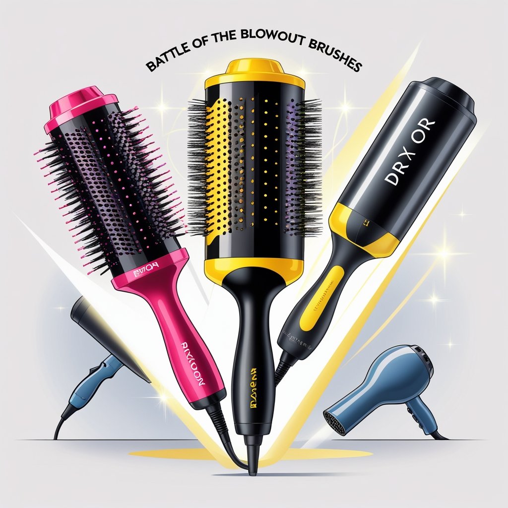 Three different hair blowout brushes arranged side by side, each with distinct colors and designs, set against a clean background with subtle salon-themed elements.