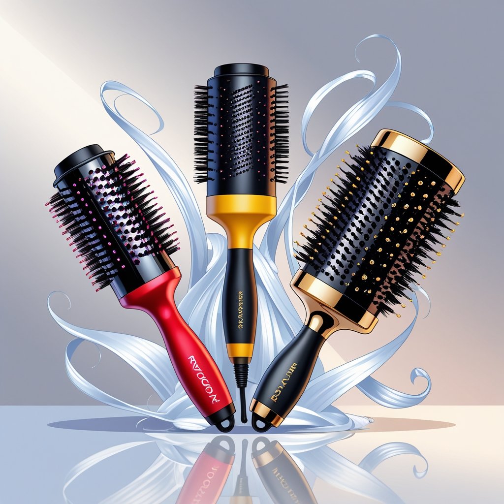 Three distinct blowout brushes arranged on a reflective surface with flowing strands of hair around them, showcasing a comparison between Revlon, Drybar, and a high-end brush.