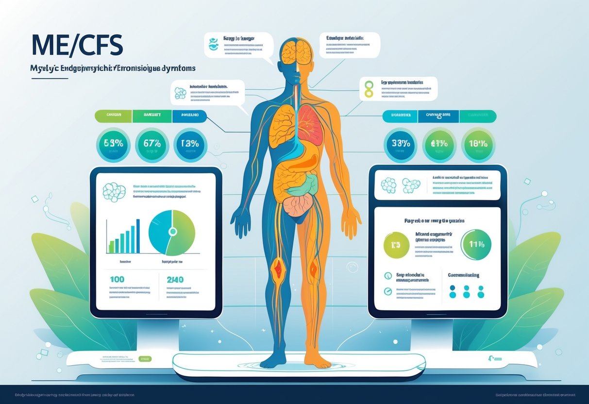 An illustration showing a human figure with highlighted areas affected by ME/CFS surrounded by icons and charts representing symptoms and key statistics.