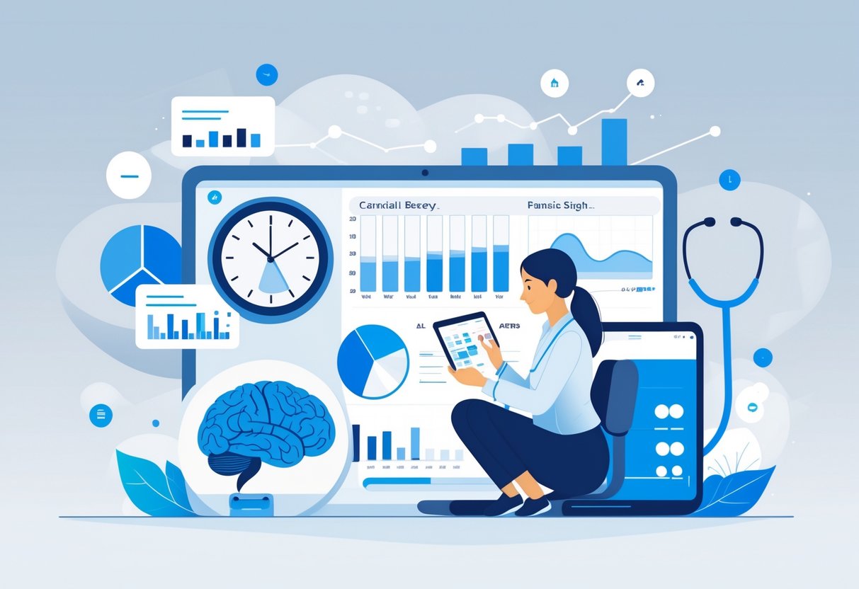 A medical researcher examining data and charts related to ME/CFS symptoms and diagnostic challenges, surrounded by icons representing fatigue, brain fog, and muscle pain.