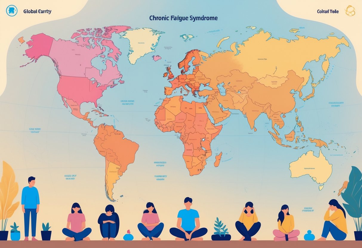 A world map showing different regions with color shading indicating levels of chronic fatigue syndrome prevalence, surrounded by diverse people appearing tired or low in energy.