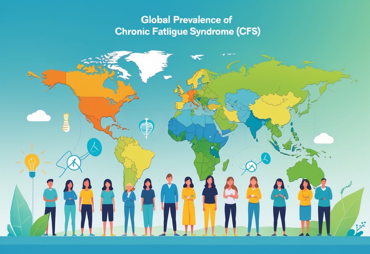 A world map showing different regions with varying colors and diverse people around it displaying signs of fatigue.