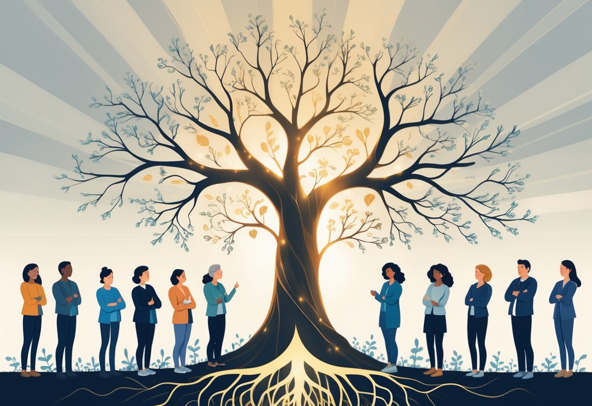 A group of diverse people gathered around a large tree with many branches, symbolizing different names for ME/CFS and the importance of understanding them.