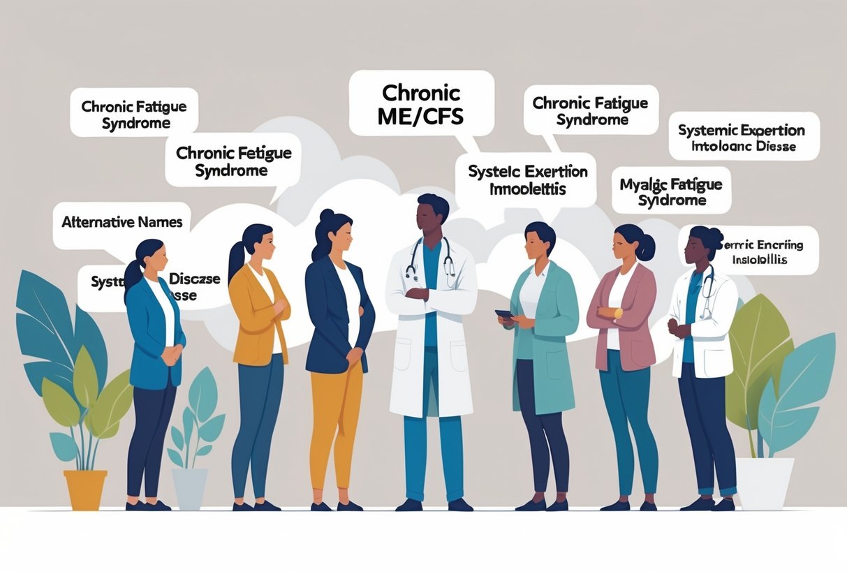 A diverse group of people including patients, doctors, and advocates engaged in a respectful conversation, surrounded by soft, floating labels representing alternative names for ME/CFS.