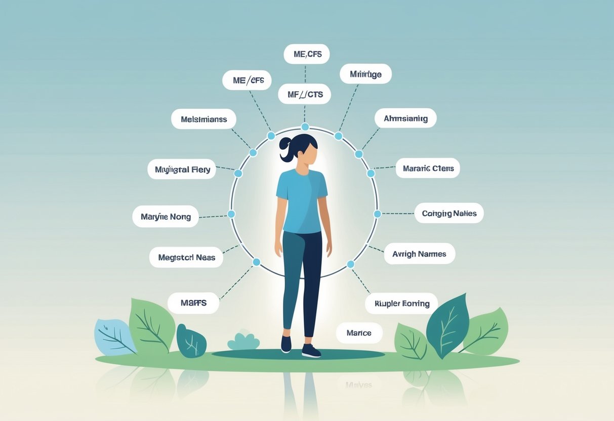 A person surrounded by interconnected icons representing different names for ME/CFS, illustrating the importance of understanding the various terms related to the illness.