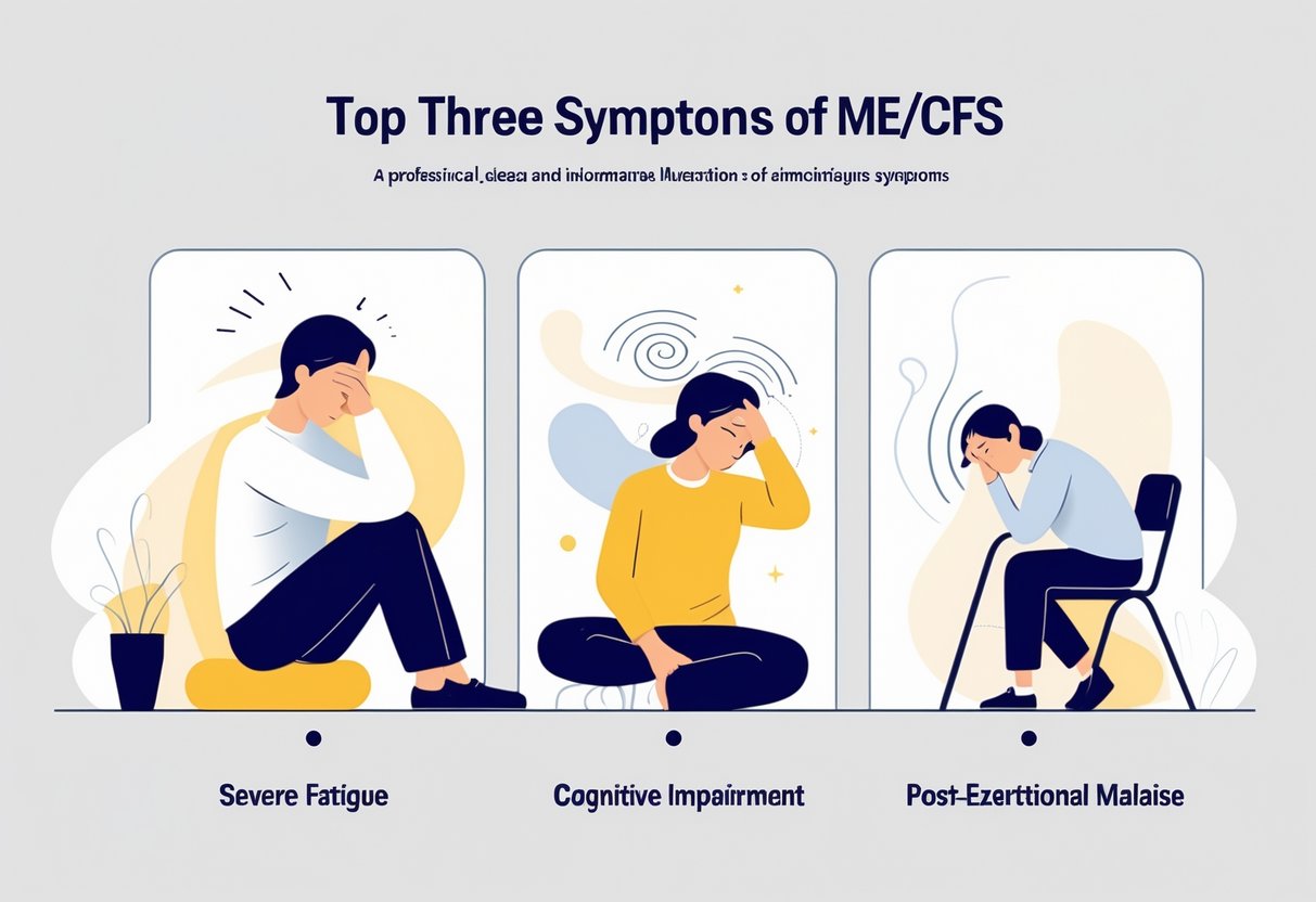 Three people each showing different symptoms of ME/CFS: one looks very tired sitting with head resting on hand, another holds their head appearing confused, and the third looks physically drained and leans on a cane.
