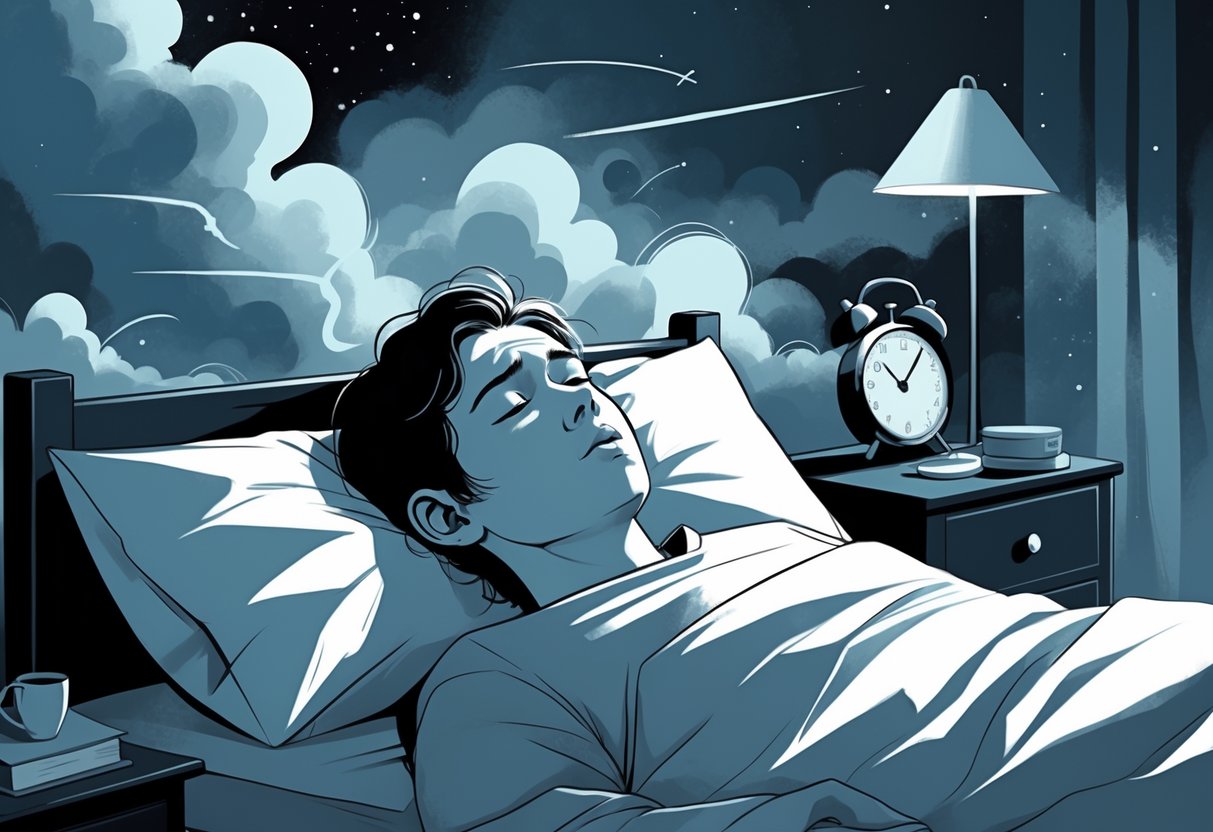 A person lying awake in bed at night with tired eyes, surrounded by dark clouds and a dimly lit bedroom, showing exhaustion and restless sleep.