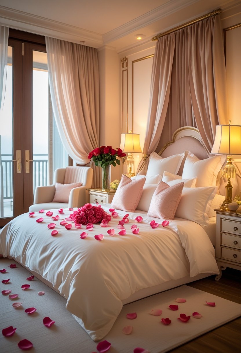 A romantic bedroom with a king-size bed covered in white linens and rose petals, warm lighting, a vase of red roses on a nightstand, and sheer curtains letting in soft natural light.