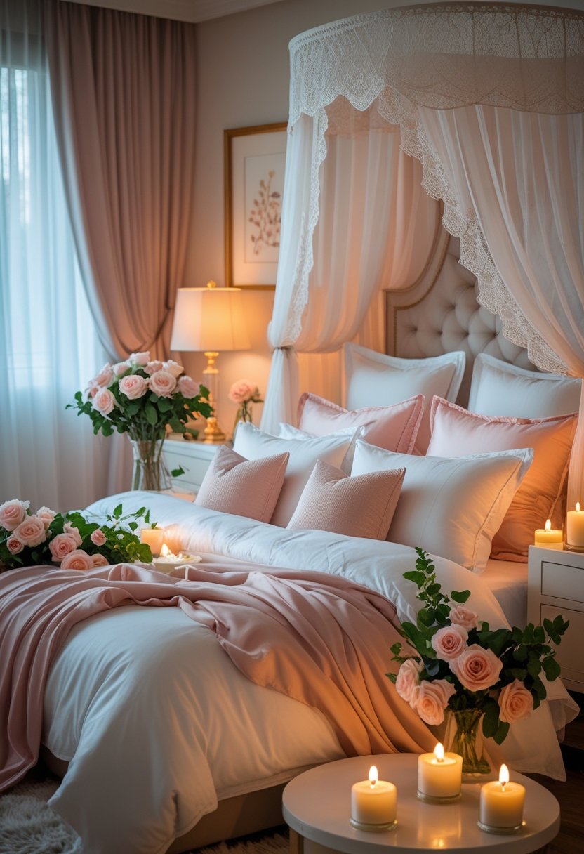 A romantic bedroom with a large bed, soft linens, warm lighting, candles, fresh roses, and sheer curtains creating a cozy and intimate atmosphere.