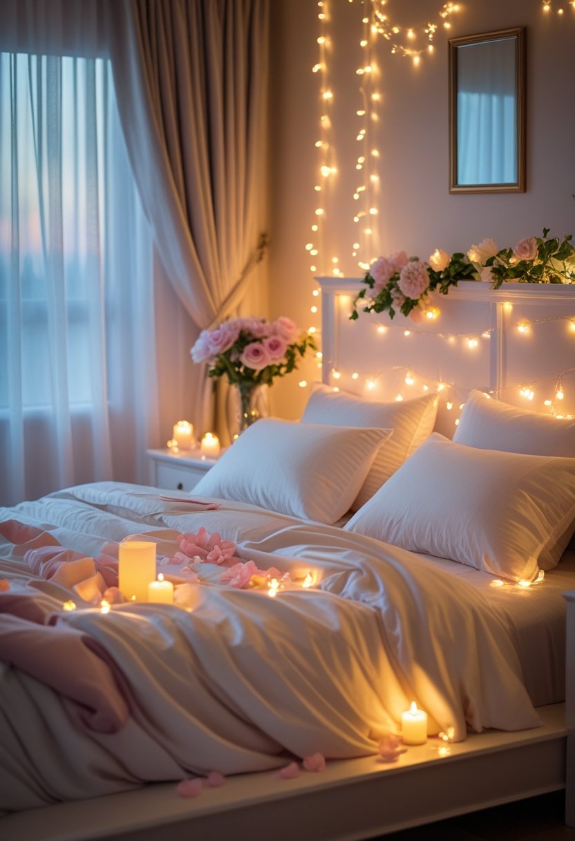 A warmly lit bedroom with a large bed, soft linens, fairy lights, candles, and fresh flowers creating a cozy and romantic atmosphere.