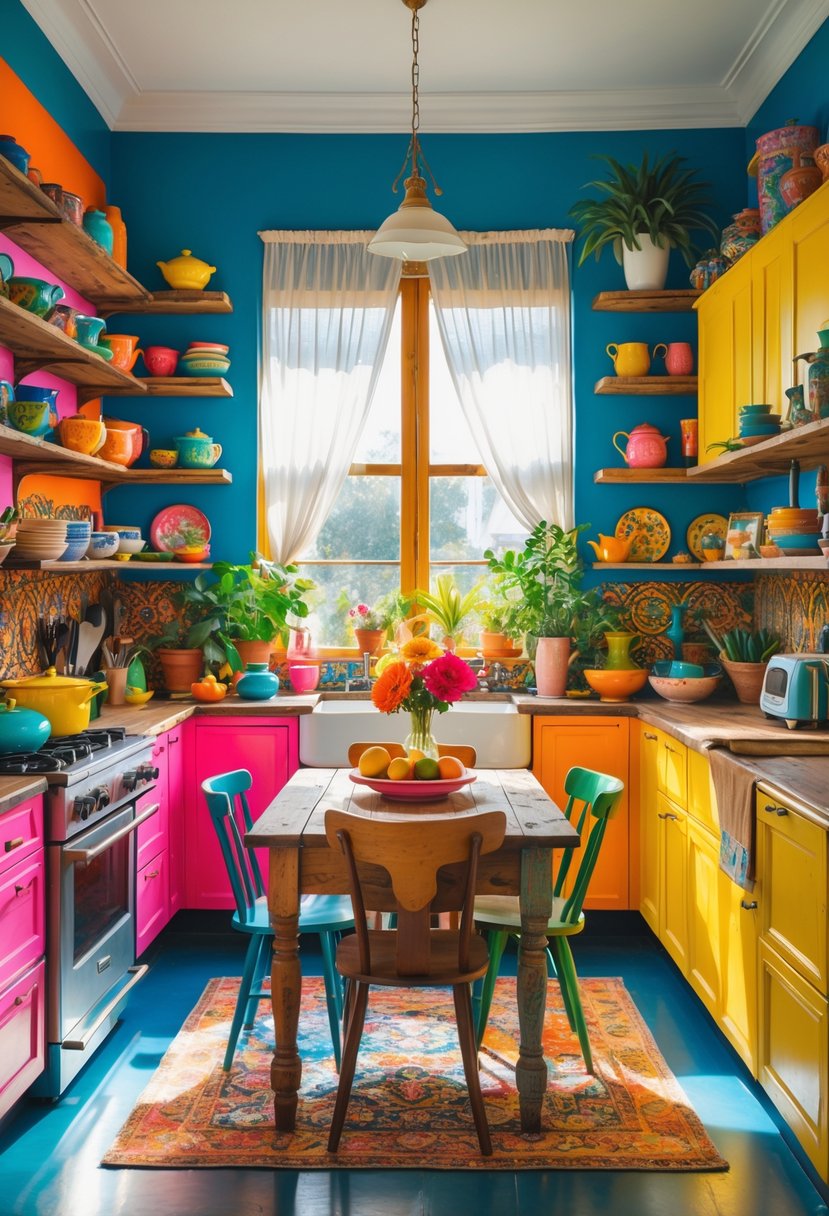 Color-Drenched Eclectic Kitchen Ideas: 22 Inspiring Designs to Transform Your Space 2 A bright kitchen with colorful walls, wooden shelves holding dishes and plants, a wooden table with mismatched chairs, and sunlight streaming through large windows.