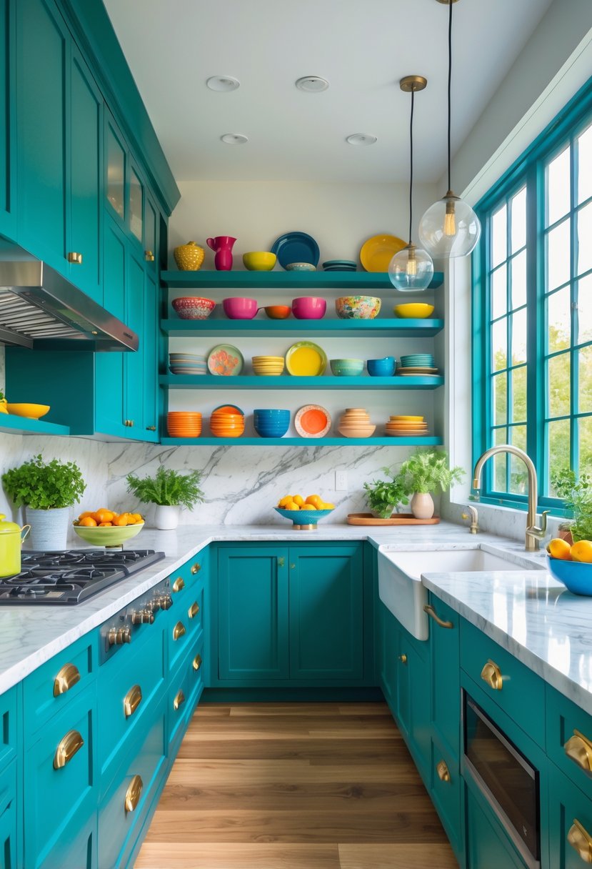 Color-Drenched Eclectic Kitchen Ideas: 22 Inspiring Designs to Transform Your Space 3 A kitchen with blue-green cabinets and a teal peninsula, featuring white countertops, wood floors, and natural light.