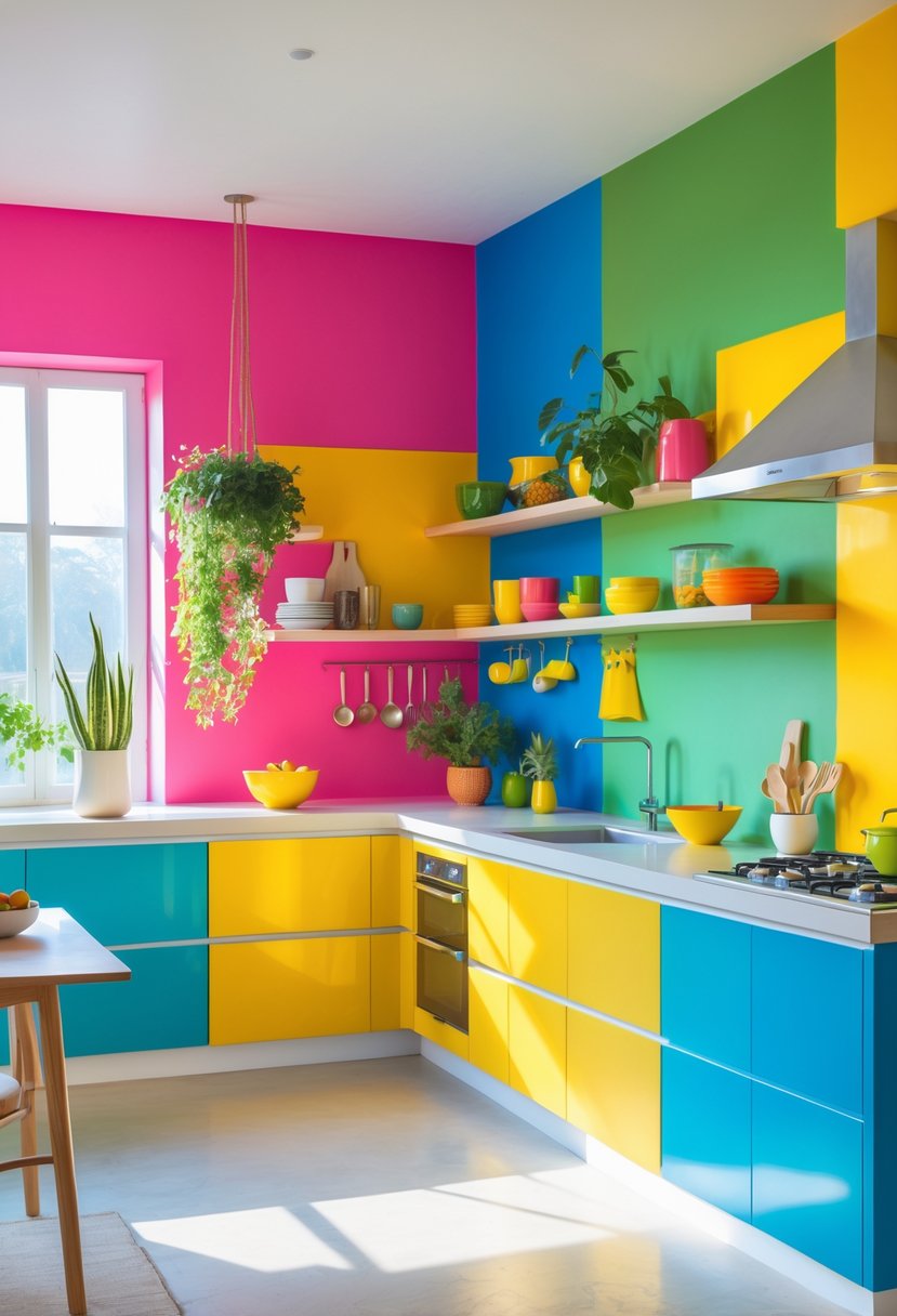 Color-Drenched Eclectic Kitchen Ideas: 22 Inspiring Designs to Transform Your Space 4 A brightly lit kitchen with walls painted in pink, yellow, green, and blue, featuring cabinets, shelves with kitchen items, and a clean countertop.