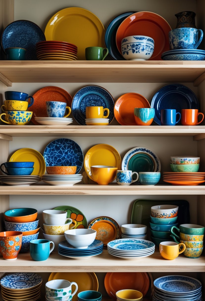 Color-Drenched Eclectic Kitchen Ideas: 22 Inspiring Designs to Transform Your Space 5 Open kitchen shelves filled with colorful patterned plates, bowls, and mugs.