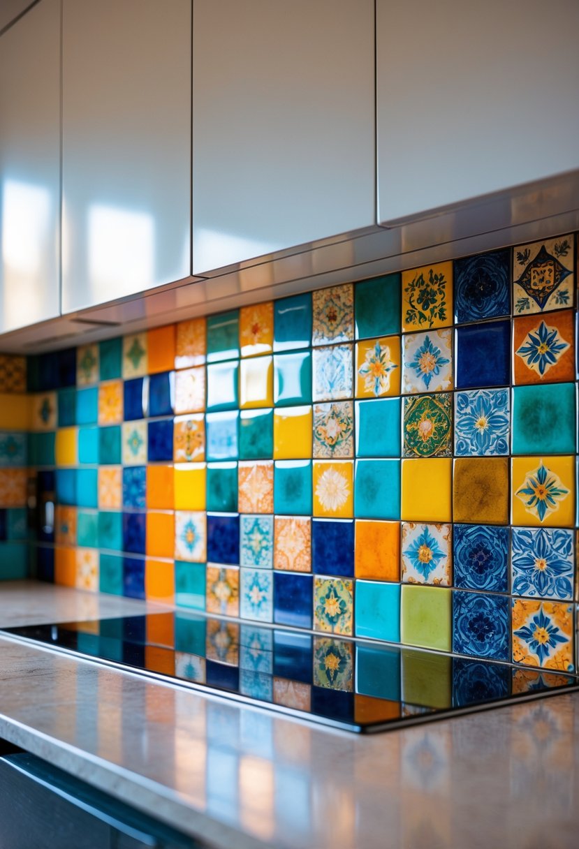 Color-Drenched Eclectic Kitchen Ideas: 22 Inspiring Designs to Transform Your Space 6 A kitchen backsplash made of colorful ceramic tiles with intricate patterns above a countertop.