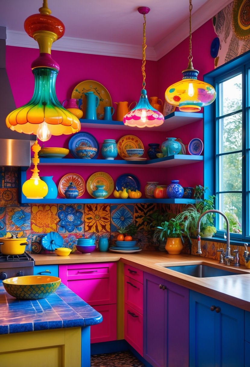 Color-Drenched Eclectic Kitchen Ideas: 22 Inspiring Designs to Transform Your Space 7 A colorful kitchen with retro light fixtures, open shelves with cookware and plants, and a bright tiled backsplash.