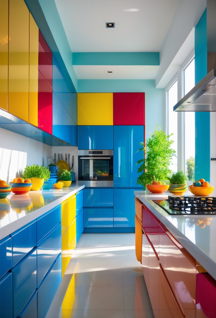 Color-Drenched Eclectic Kitchen Ideas: 22 Inspiring Designs to Transform Your Space 8 A colorful kitchen with cabinets and walls painted in a mix of matte and glossy finishes, featuring a central island with kitchen accessories and natural light coming through windows.