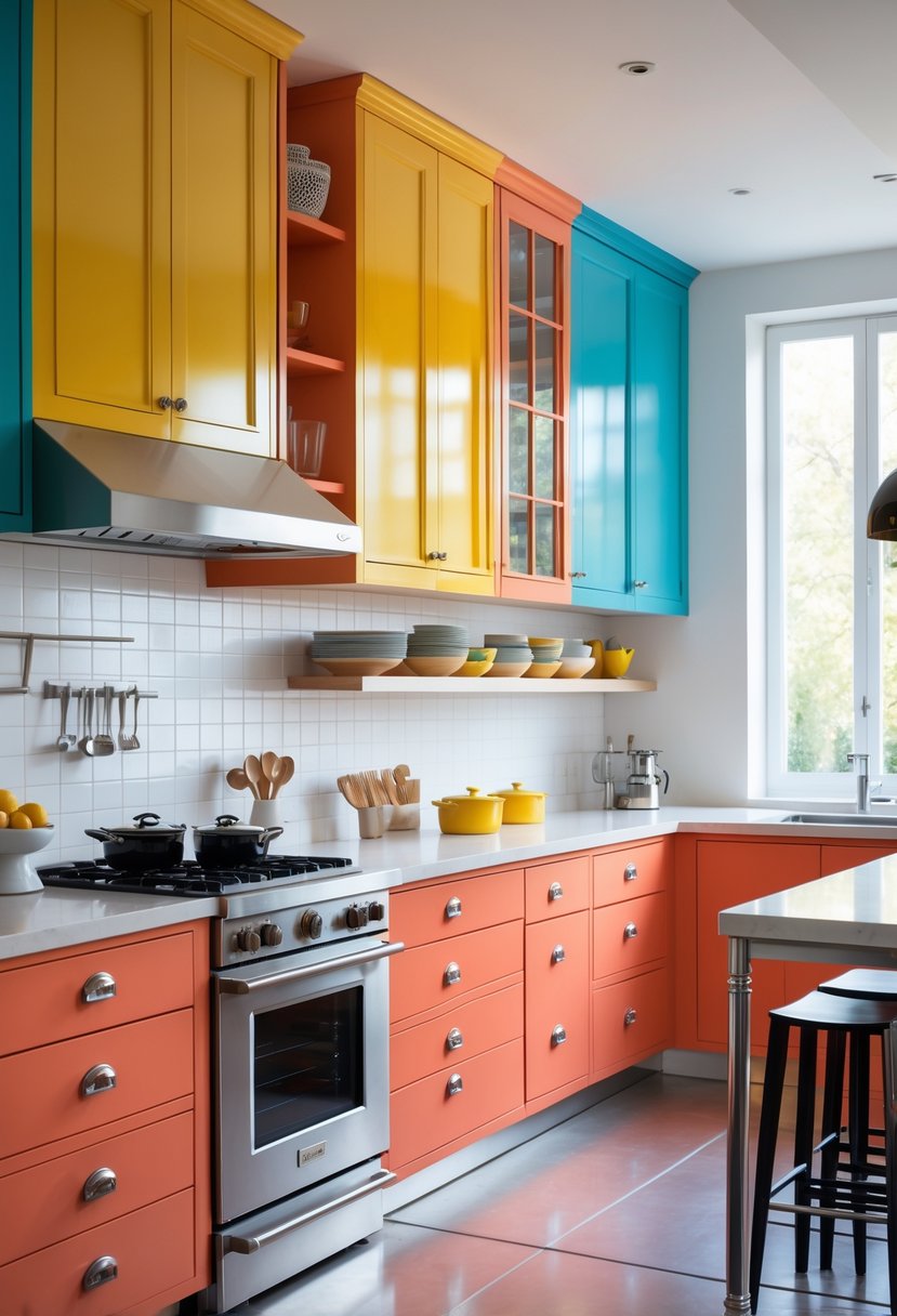 Color-Drenched Eclectic Kitchen Ideas: 22 Inspiring Designs to Transform Your Space 9 A bright kitchen with mustard yellow and coral cabinets, a central island, and stainless steel appliances.