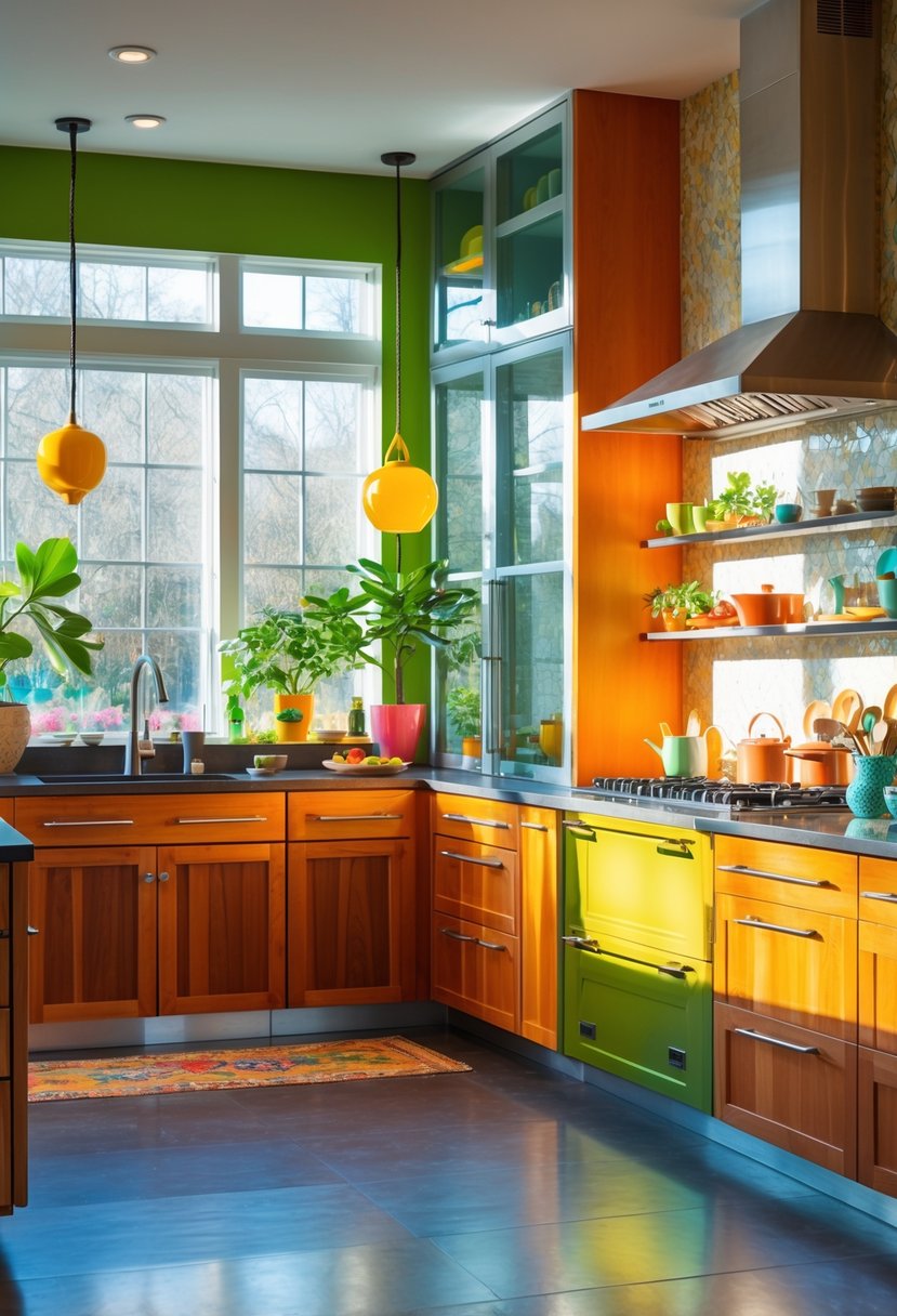 Color-Drenched Eclectic Kitchen Ideas: 22 Inspiring Designs to Transform Your Space 11 A colorful kitchen with wooden cabinets, metal appliances, glass light fixtures, and a stone countertop illuminated by natural light.