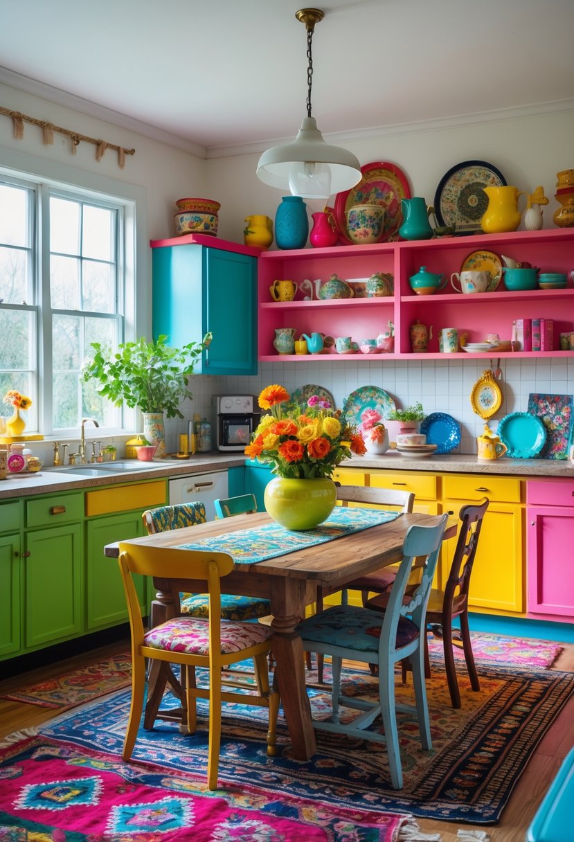 Color-Drenched Eclectic Kitchen Ideas: 22 Inspiring Designs to Transform Your Space 12 A kitchen with colorful cabinets, vintage furniture, and various decorative items arranged around a wooden dining table.