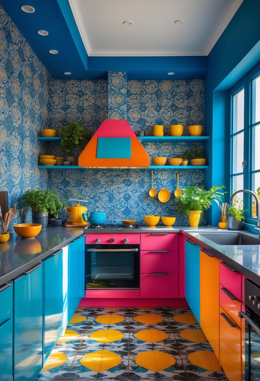Color-Drenched Eclectic Kitchen Ideas: 22 Inspiring Designs to Transform Your Space 13 A bright kitchen with patterned wallpaper on one wall and solid colored walls, featuring colorful cabinets, countertops, and kitchen accessories.